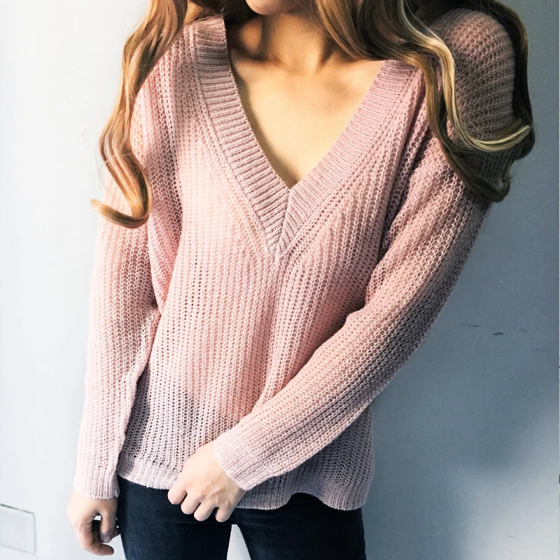 Autumn winter 2018 women sweaters pullovers Sexy deep V-neck knit bottom light loose long sleeve knitted jumpers sweater | Женская