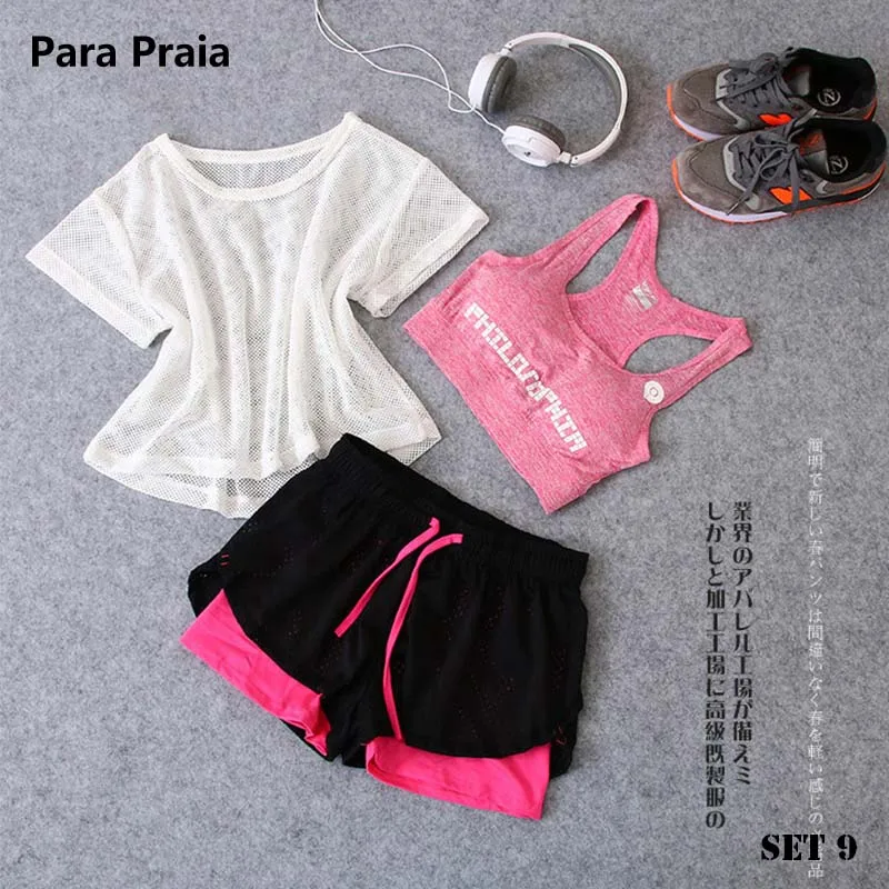 Set 9 Спортивная одежда, комплект из трех предметов для йоги, Спортивная рубашка для женщин, спортивный бюстгальтер для фитнеса, расклешенные штаны, леггинсы, спортивный костюм, леггинсы для спортзала, 15 цветов - Цвет: Set 9