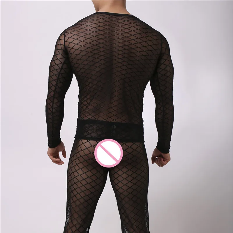 Сексуальное мужское нижнее белье с длинными рукавами круглым вырезом сетчатая