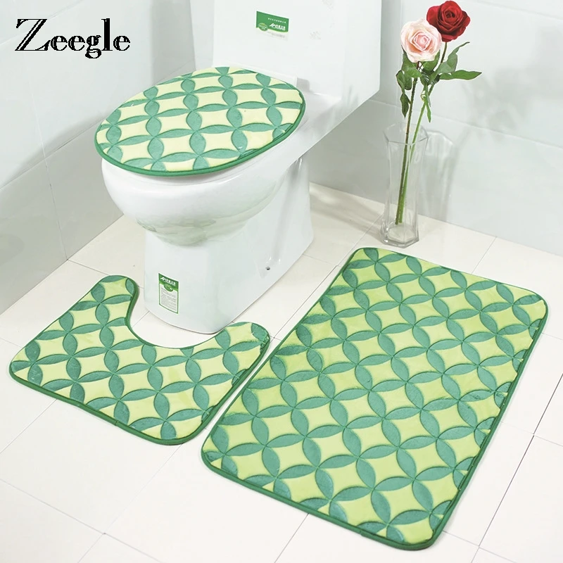 

Zeegle 3D Embossed Bathroom Bath Mats Set Anti Slip Coral Fleece Floor Rugs Washable Bathroom Carpet Set Toilet Rug Lid Cover