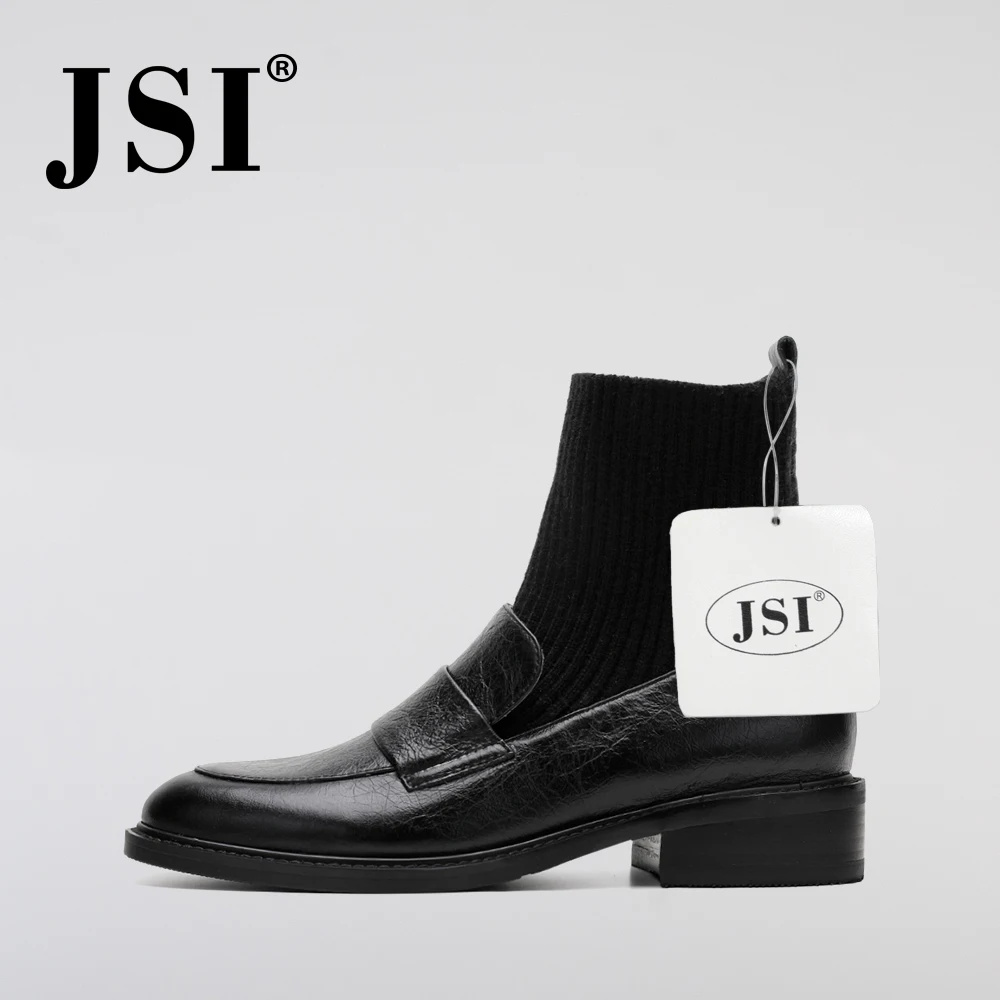 JSI/Брендовые женские ботильоны; Новинка; модная обувь из натуральной кожи без шнуровки; дизайнерская женская обувь; элегантные черные ботинки на квадратном каблуке с круглым носком