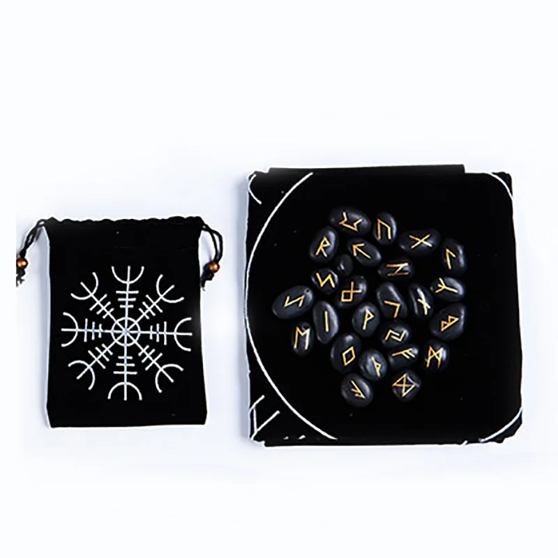 25pcs/set Runes Stones with BlackTablecloth/Bag Engraved Riverstones Carved Black Lettering Feng Shui Board Game Accessory | Спорт и
