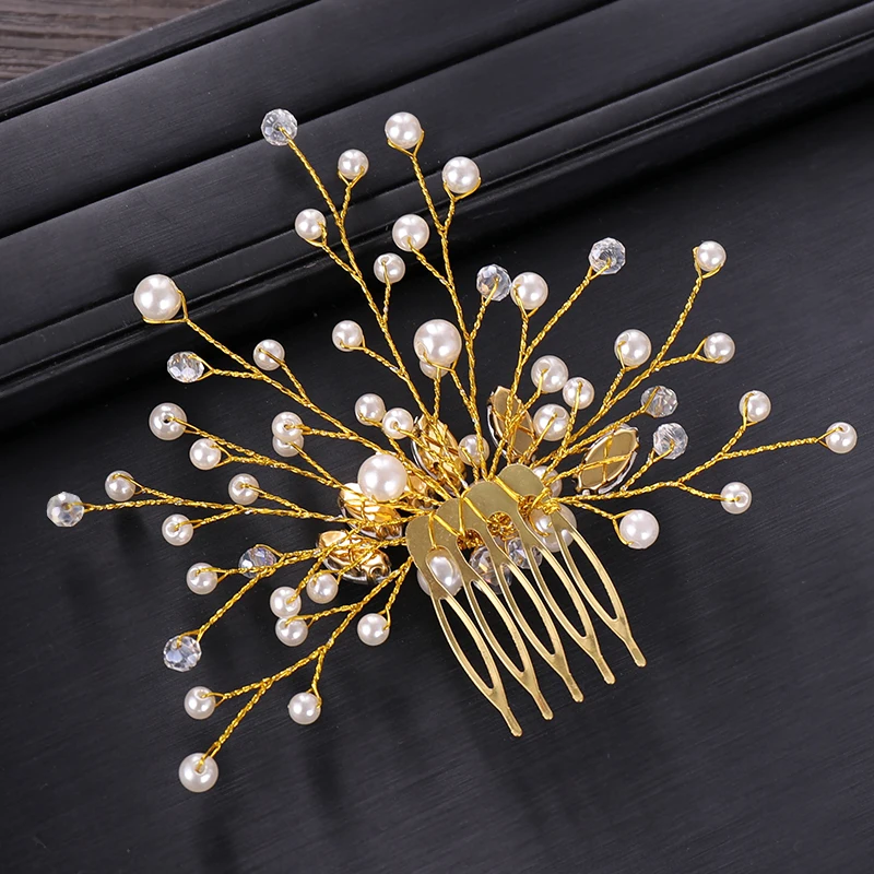 Hot Silver Color Gold Hair Ornaments Pearl Crystal Tiara Wedding Combs Handmade Bridal Fashion Accessories For Women | Украшения и
