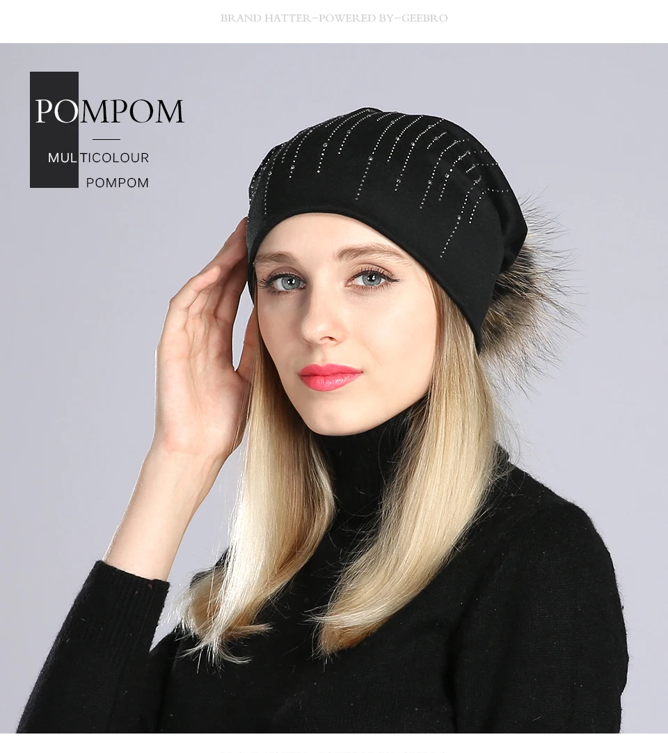 Geebro осень Для женщин круглые стразы хлопок головные уборы Beanies шапка из натурального енота помпонами из меха теплая зимняя шапка с помпоном из натурального меха