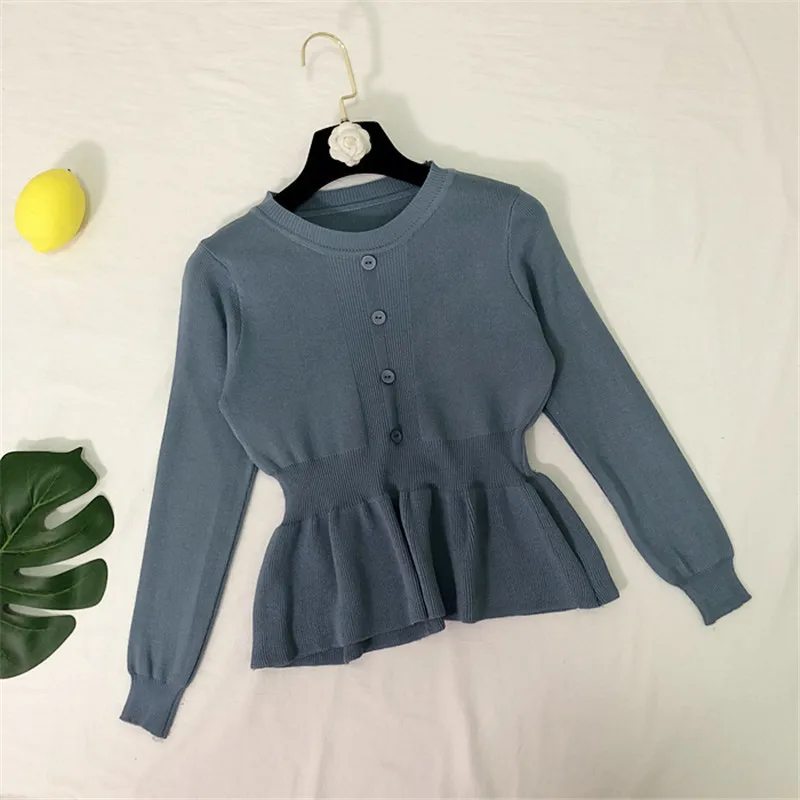 Осенне-зимний женский свитер с оборками на талии милый тонкий вязаный круглым