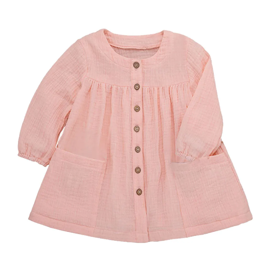 Pink Vestidos/повседневное однотонное плиссированное платье принцессы с длинными рукавами для маленьких девочек платье для девочек повседневные платья с карманами на пуговицах - Цвет: Pink