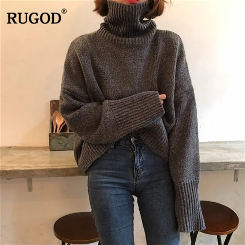 RUGOD модный однотонный вязаный свитер для женщин, повседневный пуловер с длинными рукавами и высоким воротом, джемпер, свитер в Корейском стиле, Офисная Женская одежда