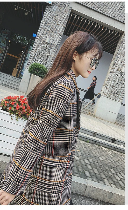 Клетчатое шерстяное пальто 2018 Осень Зима Британский стиль ретро Женская длинная