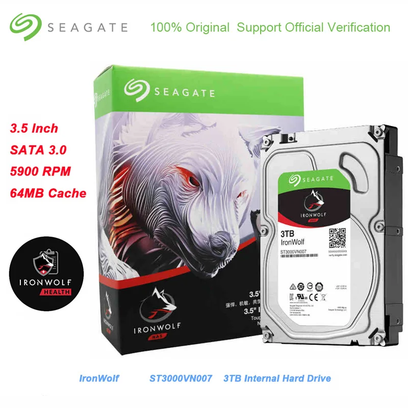 Seagate 3 ТБ IronWolf SATA 0 HDD интерфейс 64 МБ кэш 6 ГБ/сек. 5900 об/мин 5 дюймовый внутренний