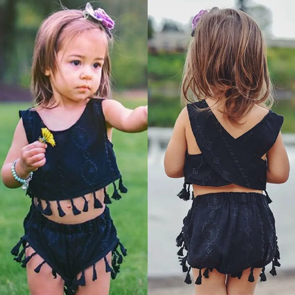 1-7Y Toddler Kid Baby Girl Tassel Clothes Sets Black Sleeveless Crop Top Short Pants Outfit Set | Мать и ребенок