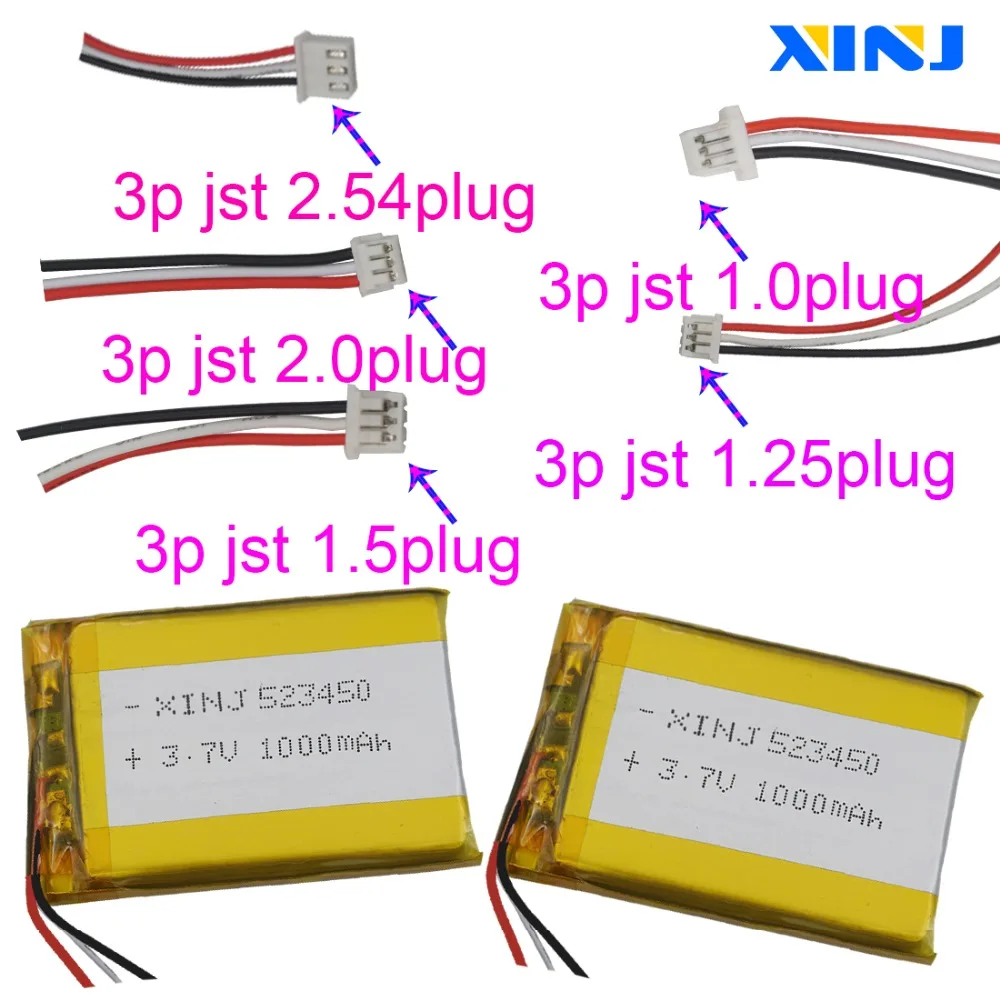 XINJ 3,7 V 1000 мА/ч, плеер литий-полимерный Батарея 523450 3pin 1,0/1,25/1,5/2,0/2,54 мм разъем для gps PDA, камера bluetooth наушники