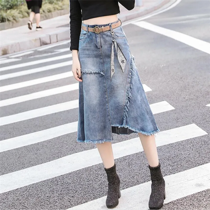denim blue Женская Асимметричная джинсовая юбка, весна-лето, высокая талия, с кисточками, средней длины, укороченные джинсы, юбки, повседневные, Faldas размера плюс 5XL r1141 - Цвет: denim blue