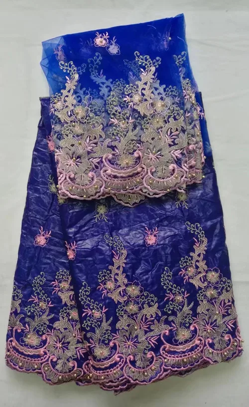 royal blue yellow beaded Bazin riche fabric embroidered + 2 yards net lace with beads high quality getzner jacquard | Дом и сад