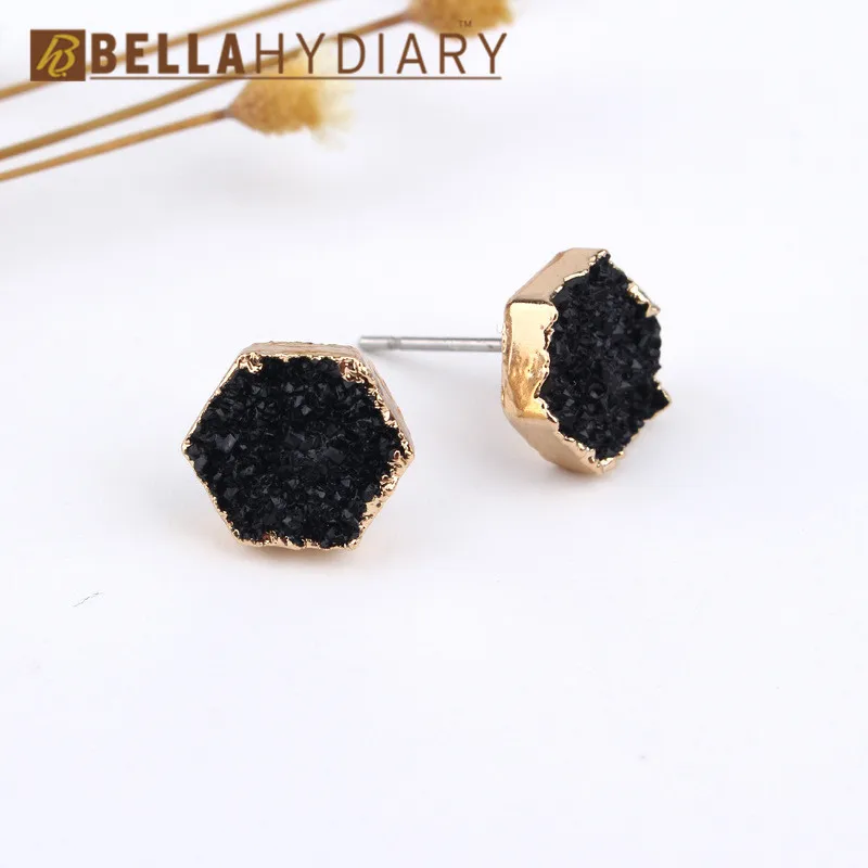Мода Bijoux богемные женские склоны геометрические маленькие шестигранные серьги женские ювелирные изделия из друзы серьги-гвоздики с эпоксидной смолой серьги-гвоздики
