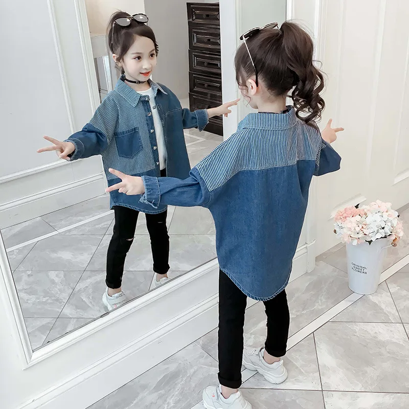 Голубая джинсовая полосатая Лоскутная длинная рубашка топы для детей мода 2019