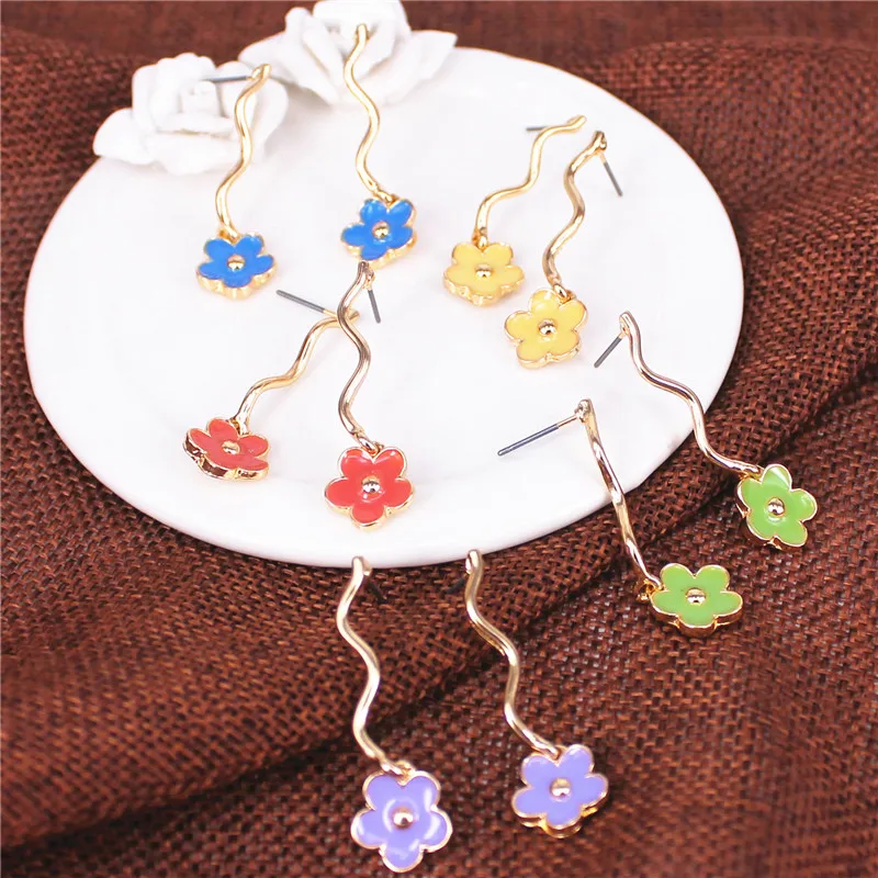 XQ blue purple green red yellow enamel cherry blossoms wave zinc alloy long earrings for women accessories 2019 hot new | Украшения и
