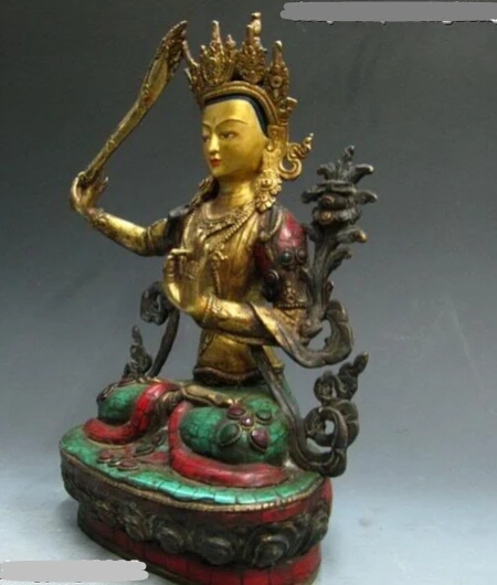 004665 Тибет Чистая медь и бронза 24K позолоченная Бирюза Коралл Манджушри Статуя
