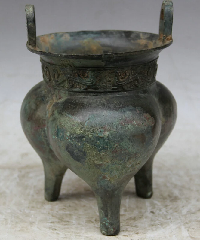 

song voge gem S1648 8" Old Ancient Chinese dynasty Bronze 3 Foot Beast handle Incense Burner Censer