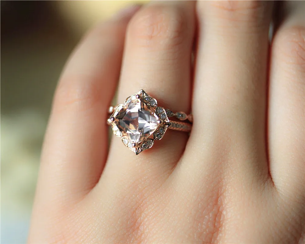 

DUPUY 8mm Cushion Cut Morganite Ring Set Diamond Halo&Art Deco Half Eternity Diamond Wedding Ring Solid 14K Rose Gold Bridal Set