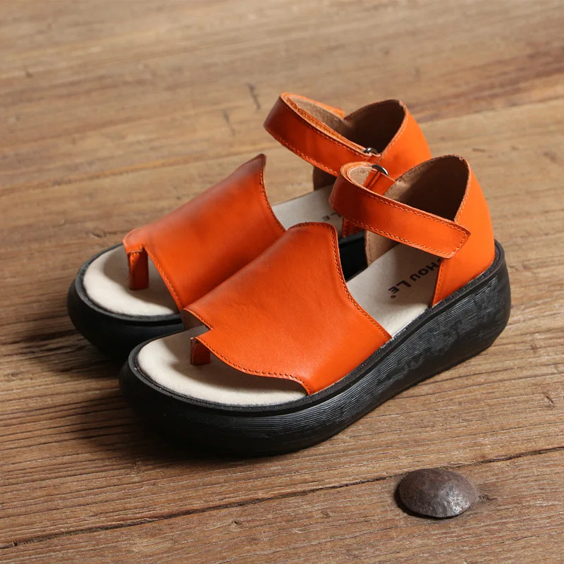 Artdiya Summer New Casual Thick Bottom Leather Sandals Female Retro Wedges Heels Soft Sole Hook and Loop Handmade Shoes | Обувь