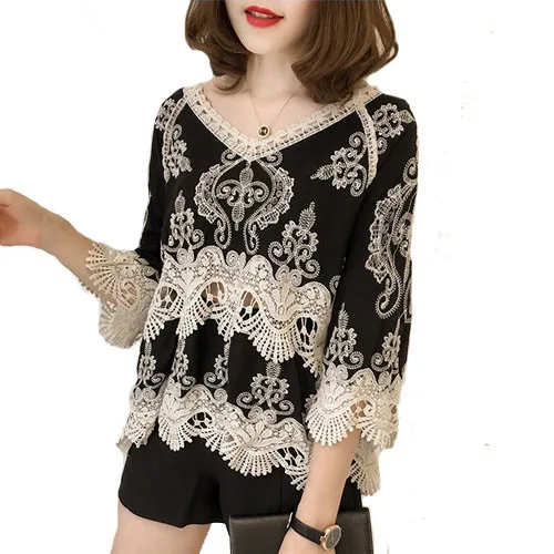 Офисные женские кружевные топы в национальном стиле свободная рубашка с вырезом