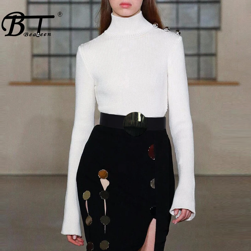 

Beateen 2019 New Fashion Women Casual Long Sleeve Office Lady Turtleneck Sweater Chic Vintage Top White With Bead Runway