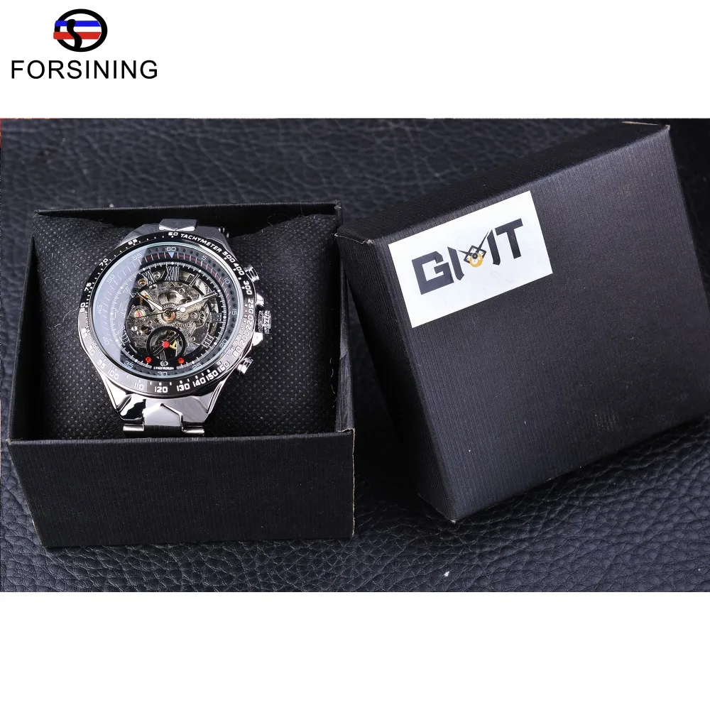 Forsining Transparent Case Open Work Silver Stainless Steel Mechanical Skeleton Sport Wrist Watch Men Top Brand Luxury Men Clock