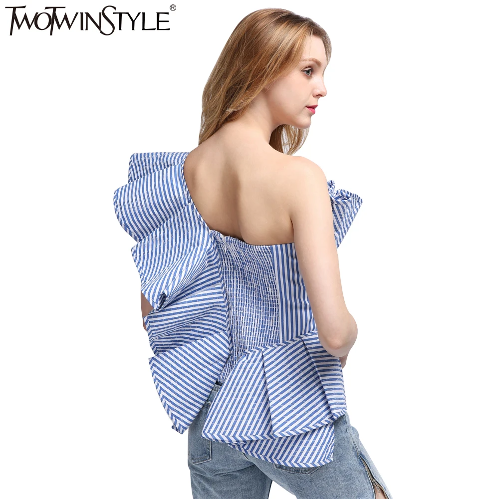 [Twotwinstyle] пикантные с открытыми плечами полосатая блуза рубашка Лето 2017 г. рюшами