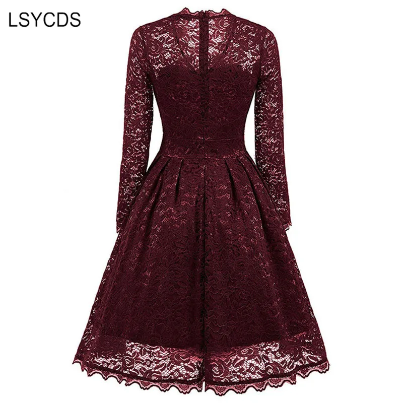 LSYCDS Lace Vintage Dress Women Long Sleeve V Neck Elegant Ladies Rockabilly Vestidos Winter Casual Office Party for Woman | Женская