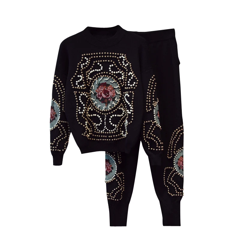 

rivet pattern printed acrylic cotton blend knit women Oneck sweatshirts tracksuit pullover haroun pant 2pcs/set black M/L