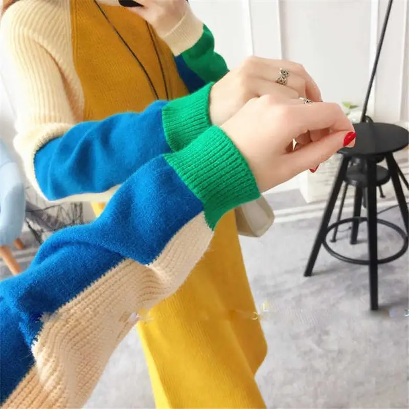 

2019 New Spring Autumn Women Patchwork Pullovers Sweaters Vestidos Female Elegant Slim Long Sleeve Oversize Kintted Dresses H37
