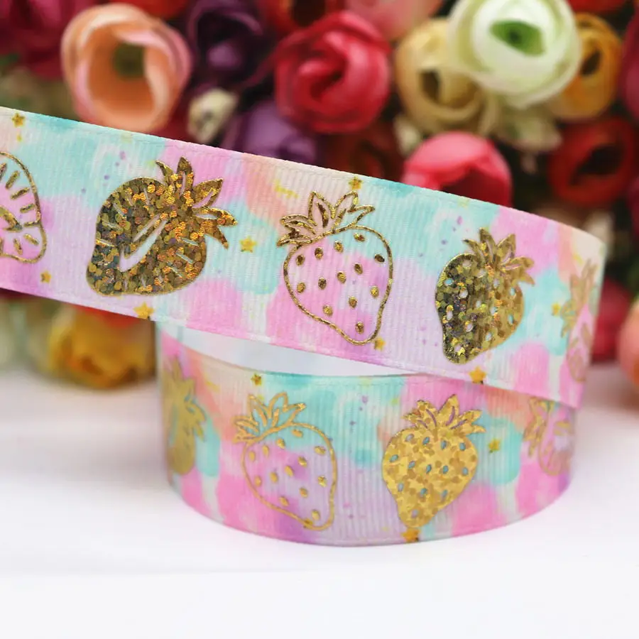 5 ярдов Grosgrain лента Золотая клубника печатная лента " 25 мм пробки для бутылок DIY ремесла аксессуары ручной работы M19051401