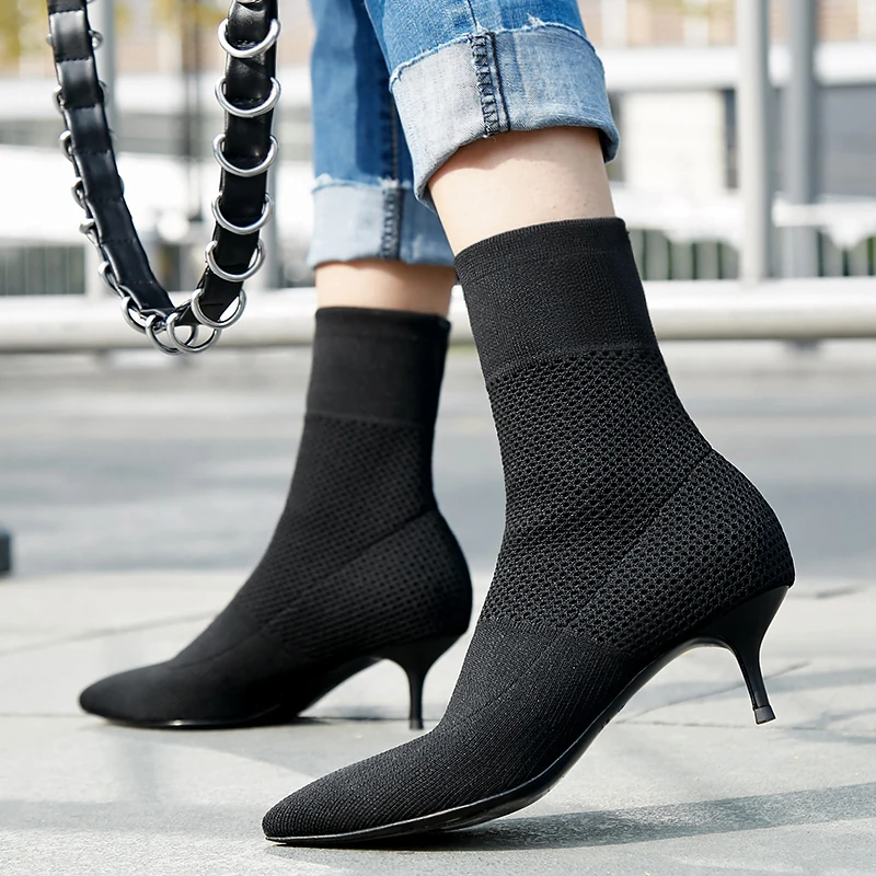 

Women's Stretch knit black slip-on high heel autumn ankle boots brand design pointed toe slim elegant ladies short booties shoes