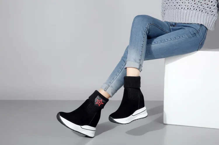 

{Zorssar} 2018 fashion women winter boots sued leather height increasing boots womens ankle sock boots High heels Platform shoes