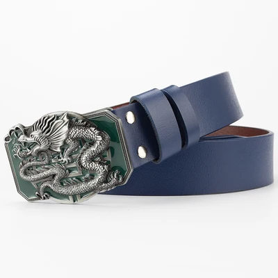 Green buckle Blue Модный мужской ремень с рисунком дракона из натуральной кожи с пряжкой в виде дракона, мужской пояс из воловьей кожи - Цвет: Green buckle Blue