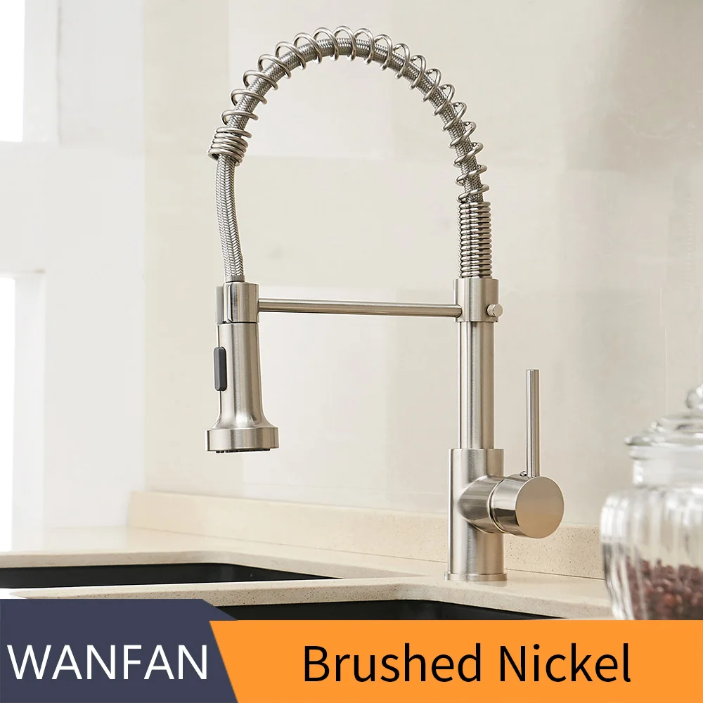 Brushed Nickel Смесители для кухни, золотые латунные смесители для кухонной раковины, Однорычажный Выдвижной пружинный носик, смесители, кран для горячей и холодной воды 9009K - Цвет: Brushed Nickel