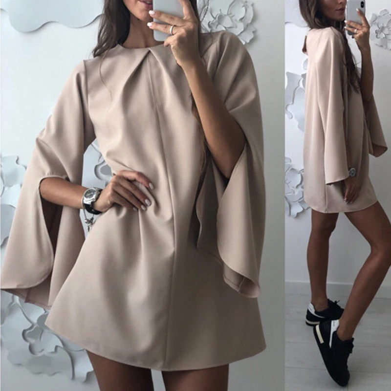 Женское однотонное платье мини с круглым вырезом свободное пикантное разрезом