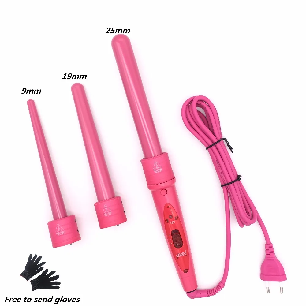 

New 3 Part Hair Curling Iron Machine 3P Ceramic Hair Curler Set 3 Sizes 9mm-19mm-25mm Curling Wand Rollers With Glove Clips