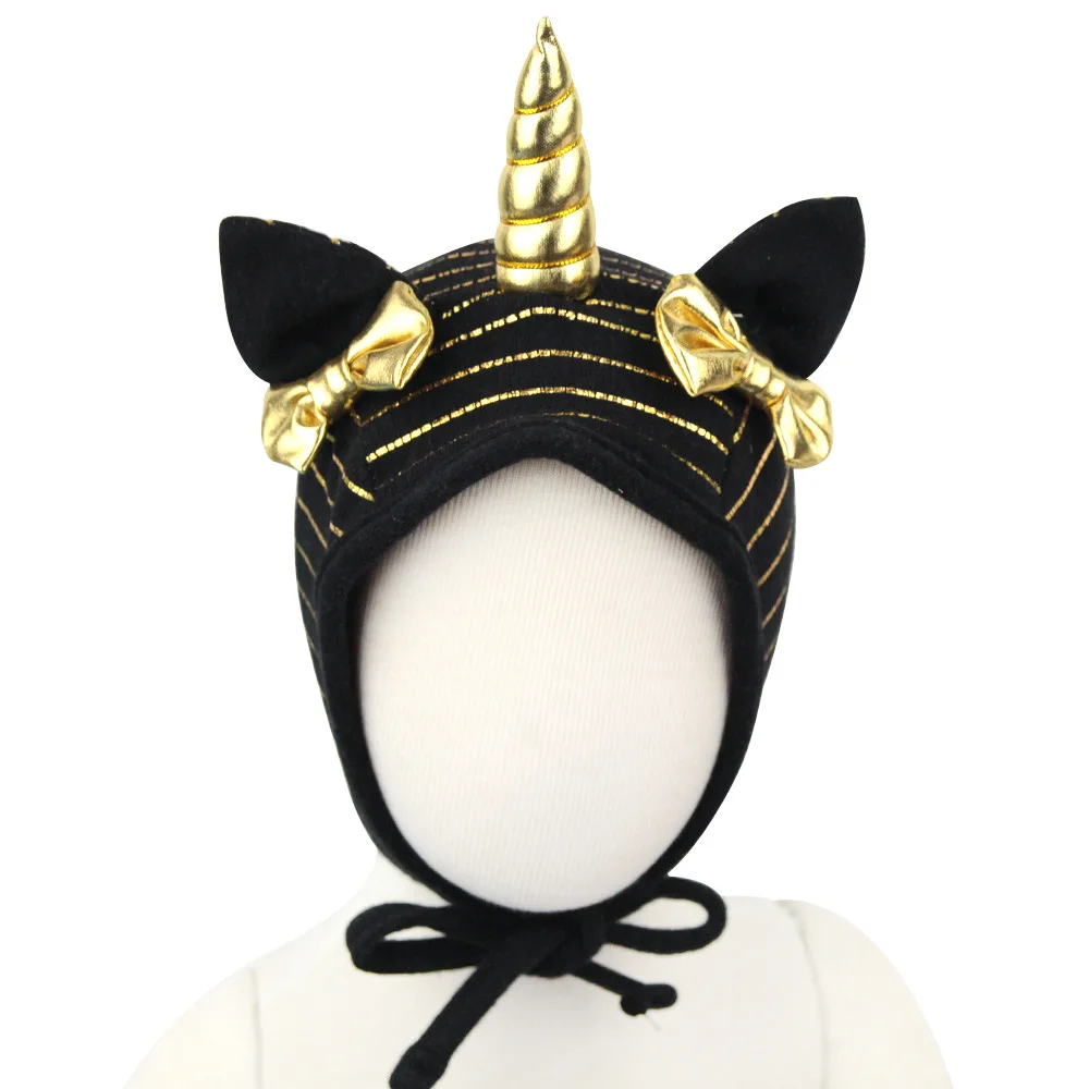 Nishine Gold Unicorn Horn Hat Bow Tie Newborn New Caps Turban Beanie Kids Headwear Photography Props Birthday Gift |