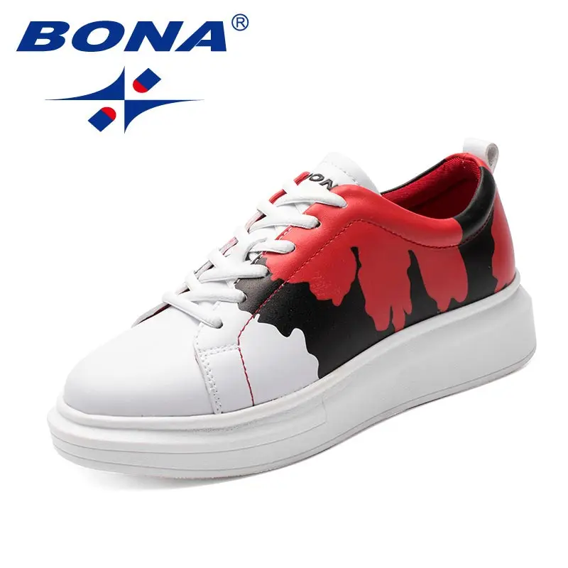WHITE RED BONA/Новое поступление; женская обувь для скейтбординга в классическом стиле; женская спортивная обувь на шнуровке; женские кроссовки для бега на открытом воздухе из синтетического материала - Цвет: WHITE RED