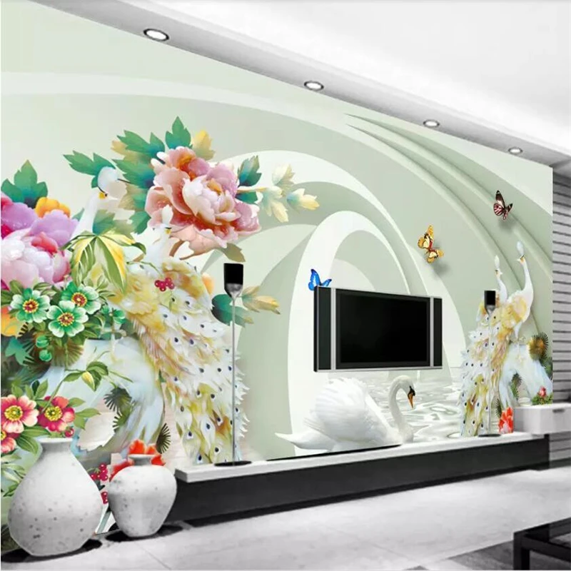 

beibehang Wallpaper custom living room bedroom mural 3D stereo peacock peony jade carving TV decorative background Wallpaper