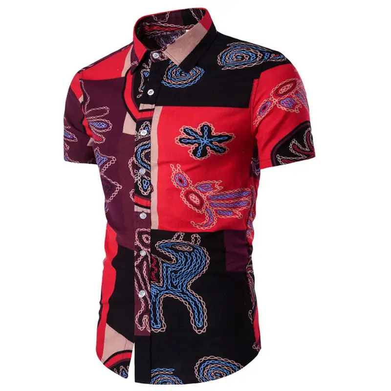 TC02 red Мужская рубашка Новая Летняя мужская мода Льняная мужская рубашка Повседневная тонкая льняная рубашка с принтом с коротким рукавом плюс-Размер - Цвет: TC02 red