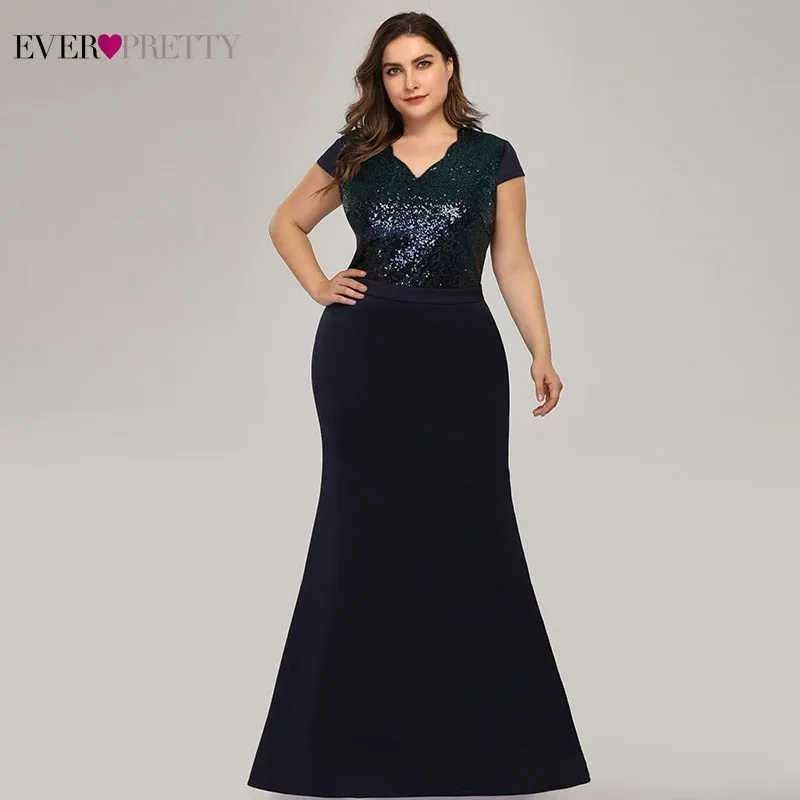 Plus Size Sequined Mermaid Long Prom Dresses 2020 Ever Pretty V-Neck Short Sleeve Elegant Women Party Vestidos De Gala | Свадьбы и