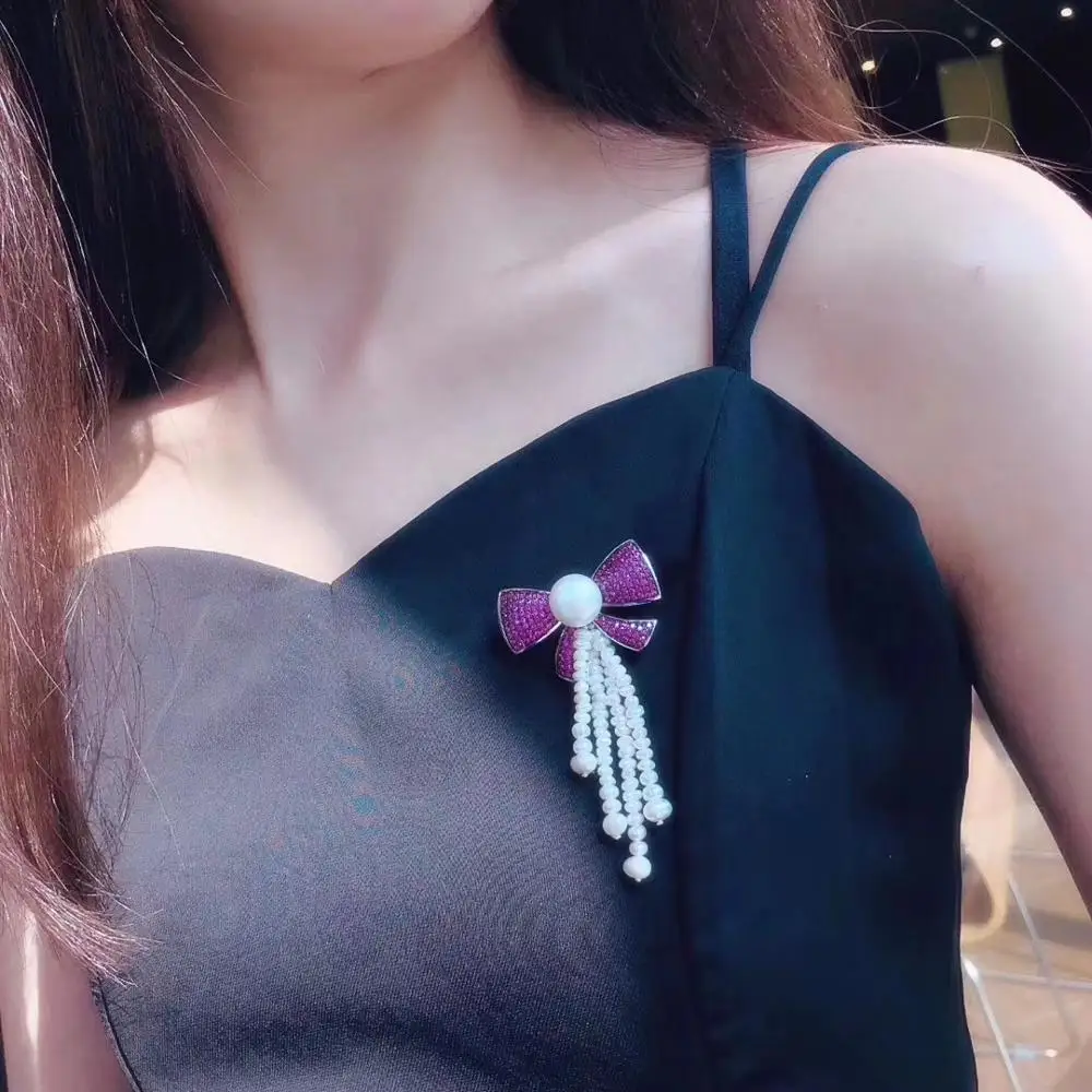 Вау! Пресноводного жемчуга с белым цирконием и бантом красная/Серебряная/синяя