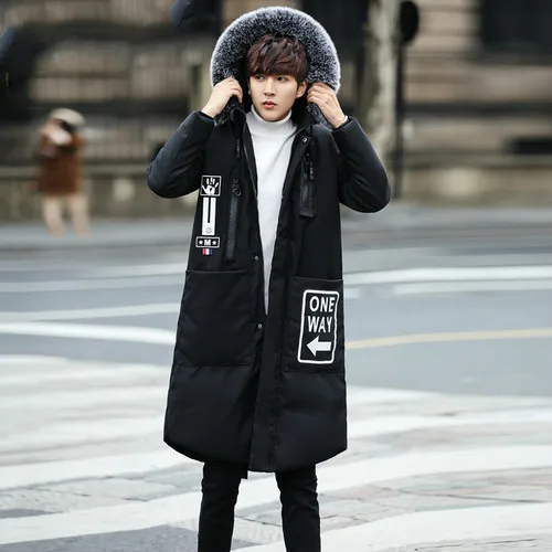 Black(fur collar) AYUNSUE, пуховик, мужской, зимний, длинный, Повседневный, уплотненный, тонкий, корейский, натуральный мех, воротник, мужские куртки, пальто для мужчин, Abrigo Hombre KJ503 - Цвет: Black(fur collar)