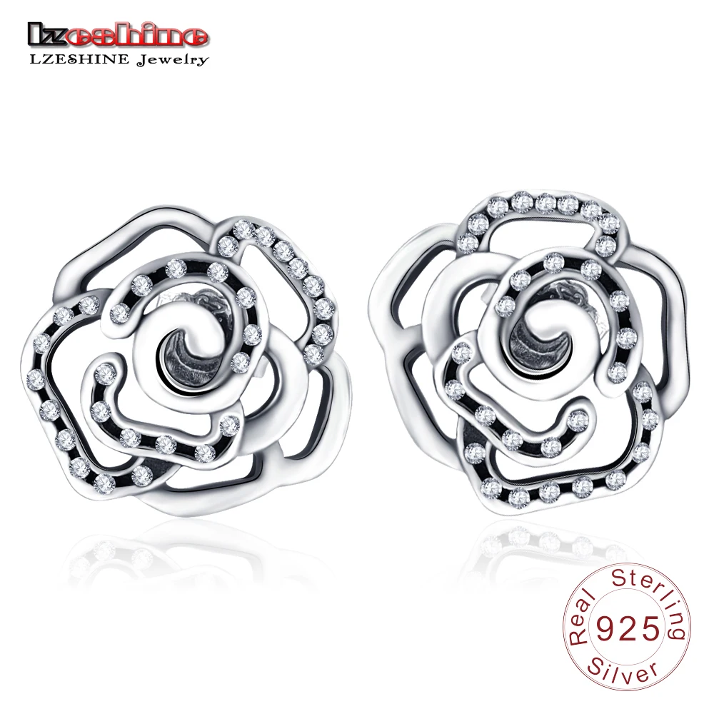 LZESHINE Trendy Original 925 Sterling Silver Rose Flower Stud Earrings with Clear CZ Women Jewelry PSER0006-B | Украшения и