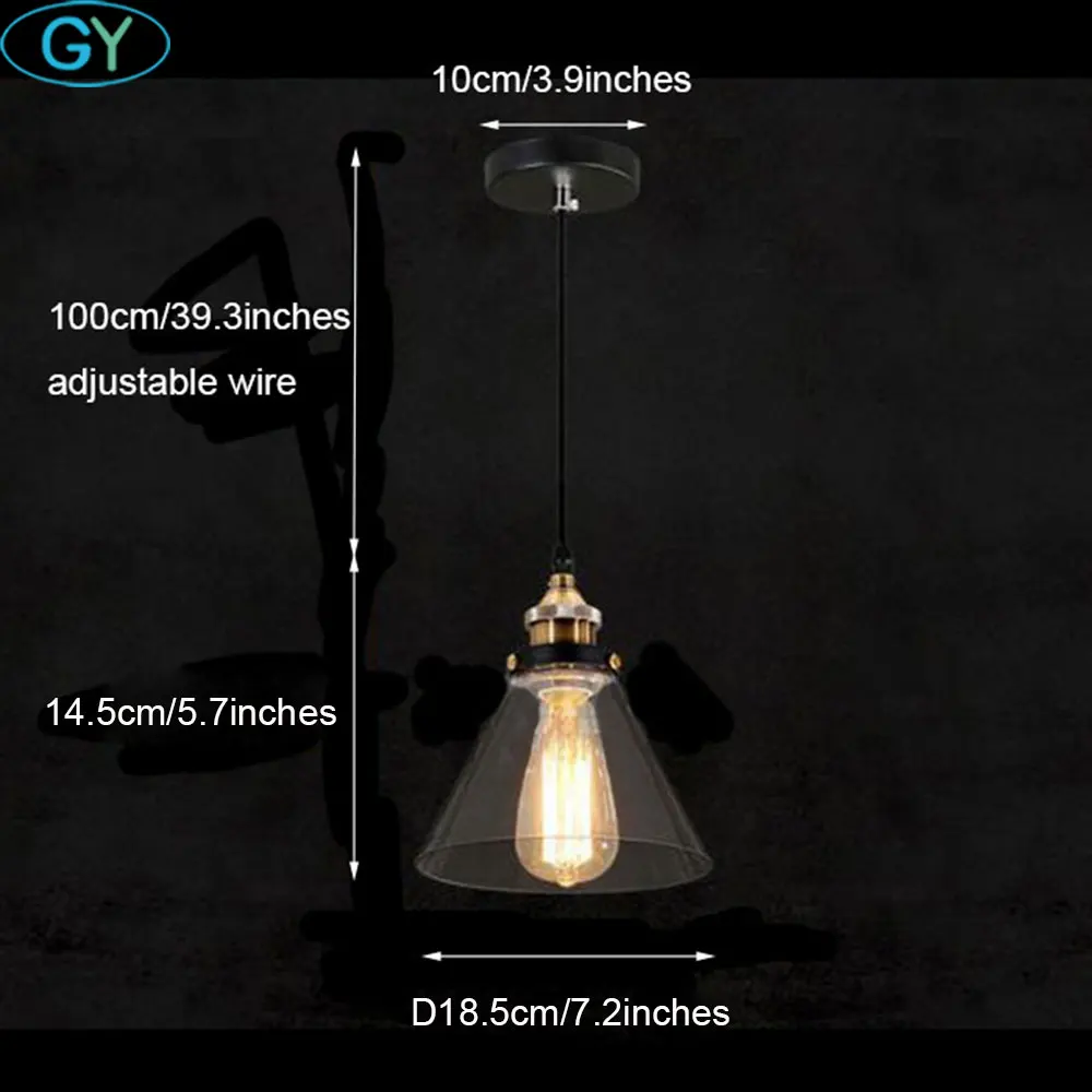

AC100-240V Clear Glass Lampshade funnel Pendant Light Kitchen Lamp Edison bulb pendant lighting Modern Industrial lights