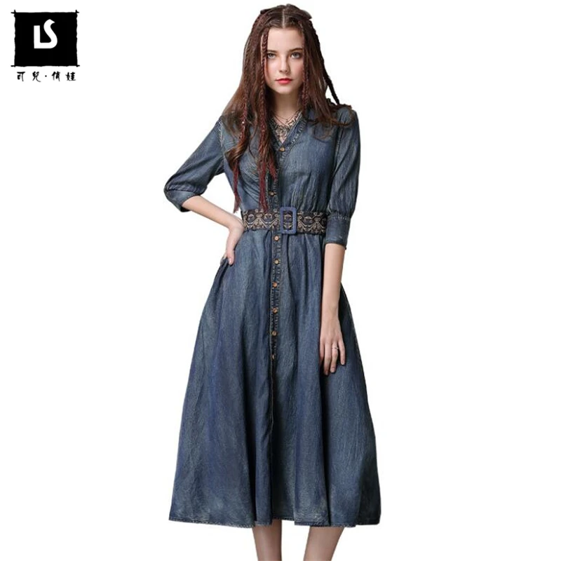 

High Quality Vintage Belt Embroidery Dress Women Half sleeve V Neck A Line Denim Dress Spring Autumn Women Button Shirt Dresses