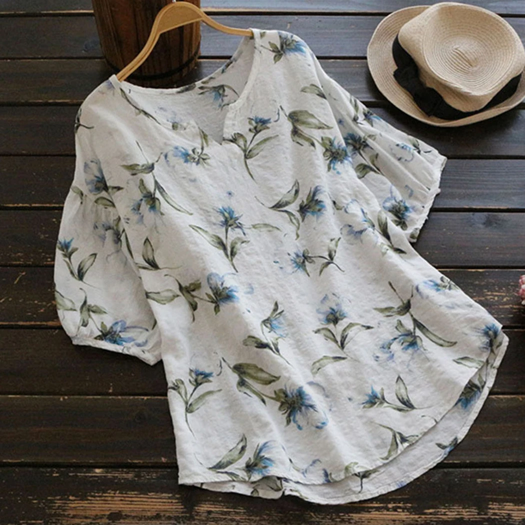 Винтажная блузка Женская Туника большого размера из льна и хлопка с цветочным