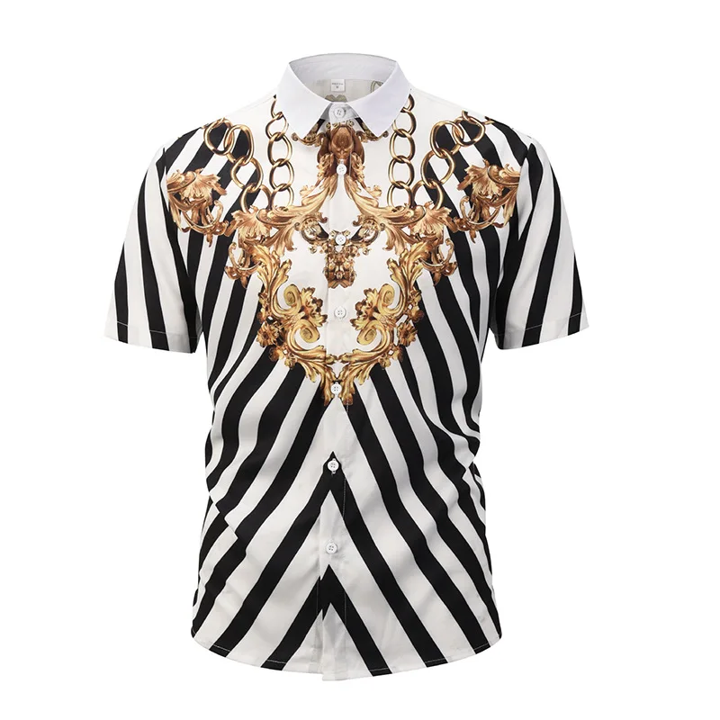 floral shirt Винтажная полосатая рубашка в стиле барокко, Мужская Готическая 3D Роскошная рубашка с принтом в виде золотой цепочки, летняя уличная хип-хоп Повседневная гавайская рубашка на пуговицах - Цвет: floral shirt